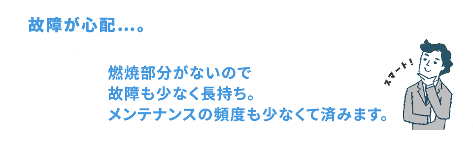 故障が心配…。燃焼部分がないので故障も少なく長持ち。メンテナンスの頻度も少なくて済みます。