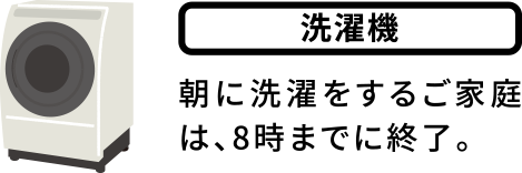 洗濯機:朝朝に洗濯をするご家庭は、8時までに終了。